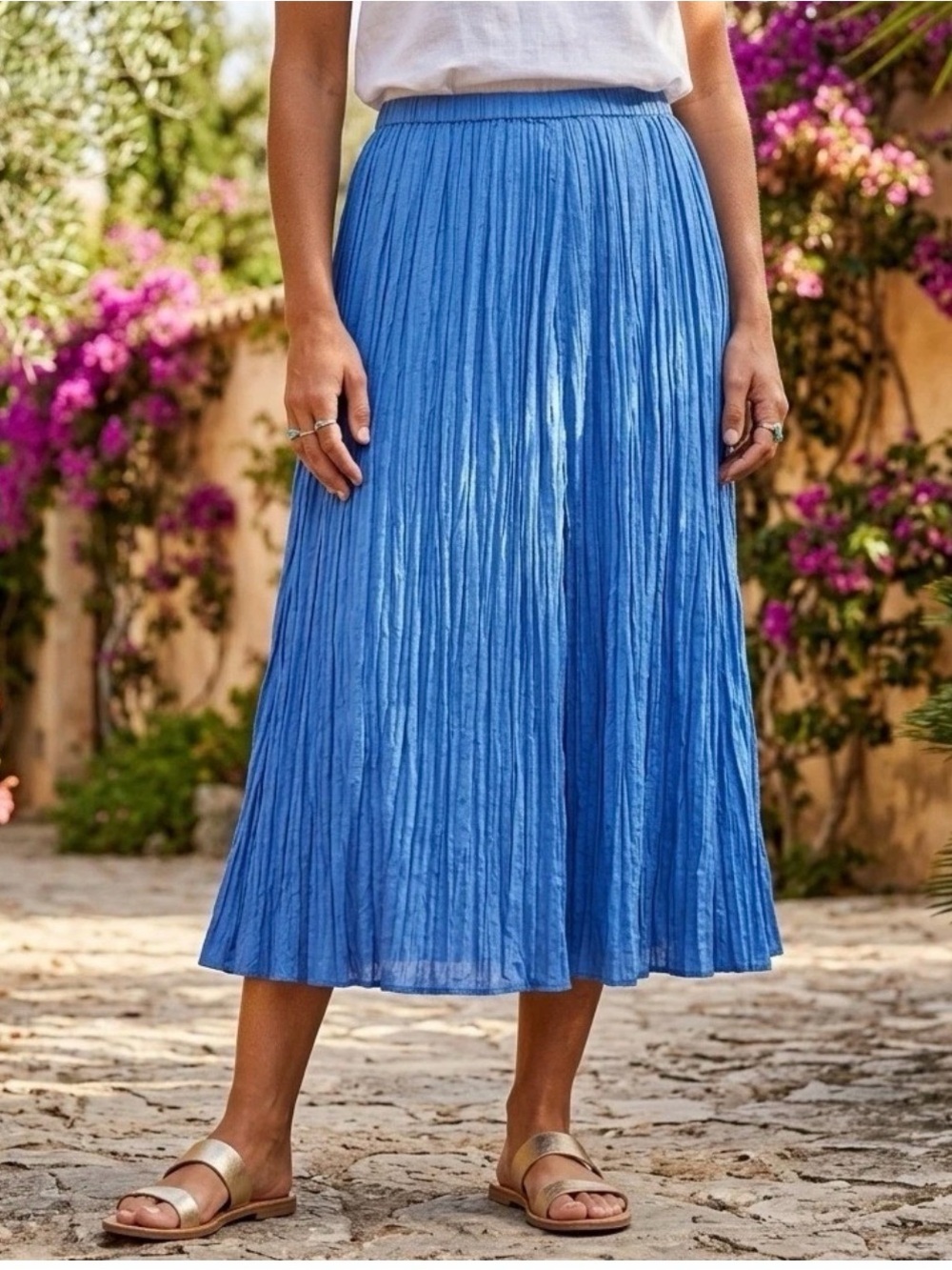 EILEEN FISHER Sky Blue Crushed Silk Flared Maxi Skirt